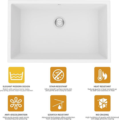 Quartz Kitchen Sink, 30 Inch White Undermount Kitchen Sinks, Deep Single Bowl Granite Composite Sink, Modern Sinks Providing Complete Accessories, Spacious Workspace and Easy Cleaning