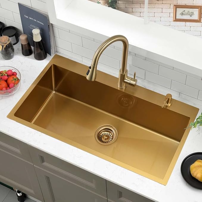 30 Inch Gold Drop In Kitchen Sink- Wesliv 30x18 Inch Kitchen Sink Drop in Sink Stainless Steel Deep Single Bowl Gold Overmount Sink with Bottom Rinse Grid & Soap Dispenser