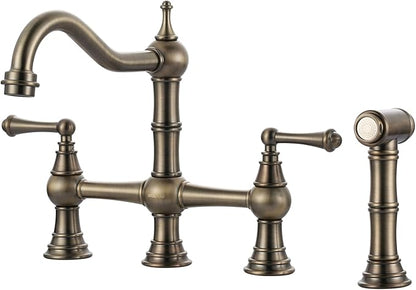 Bridge Kitchen Faucet with Side Sprayer, WOWOW Solid Brass Kitchen Faucet for Sink 4 Hole Antique Bronze Kitchen Sink Faucet, Two Handle 8 Inch Centerset Bridge Faucet Victorian Style