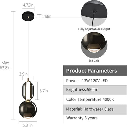 Modern Glass Pendant Light, Black Pendant Lighting LED Dimmable, Adjustable Pendant Lights Kitchen Island Dinning Room,Bedroom,Bar, Kitchen Island Ceiling Hanging Light Fixtures(1-Pack)