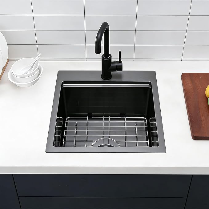 IKEBANA 18x18 Inch Black Bar Sink drop in, 9 Inch Deep 16 Gauge Stainless Steel Topmount Black Small Kitchen Sink, Single Bowl Wet Bar Outdoor RV Prep Sinks With Dish Grid & Drain