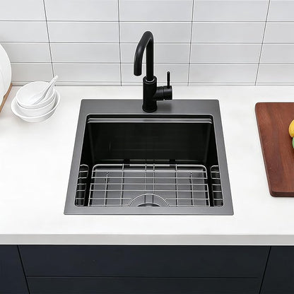 IKEBANA 18x18 Inch Black Bar Sink drop in, 9 Inch Deep 16 Gauge Stainless Steel Topmount Black Small Kitchen Sink, Single Bowl Wet Bar Outdoor RV Prep Sinks With Dish Grid & Drain