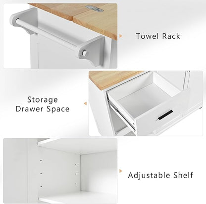 Rolling Kitchen Island Cart with Foldable Counter Top,Slide-Out Shelf and Lockable Wheels,Towel Rack and Drawer,for Kitchen Living Room Dining Room (White@y)