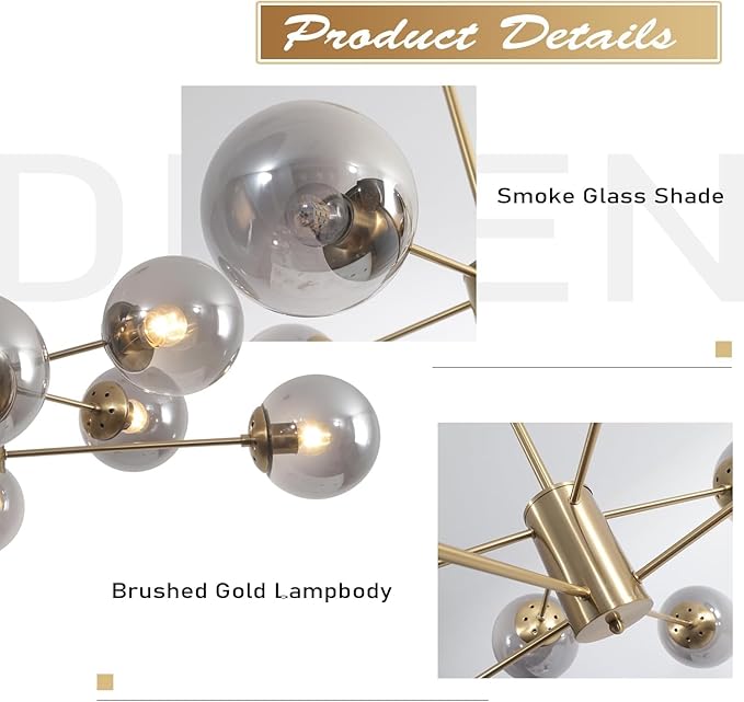 KCO Lighting 8 Light Sputnik Chandelier Gold Smoke Glass Globe Pendant Light Modern Mid Century Brushed Brass Ceiling Lighting Fixture for Living Room Foyer Hall Entryway