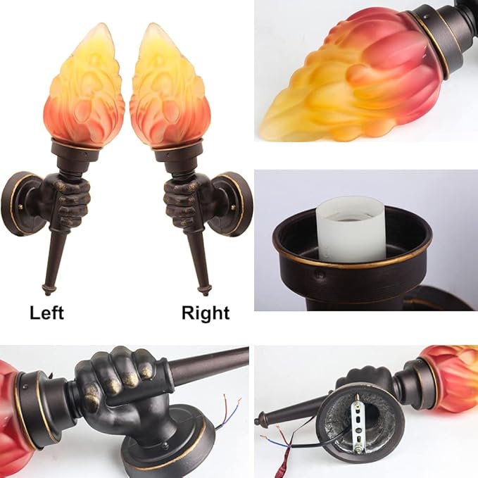Retro Outdoor Waterproof Wall Light Fixture Holding Torch Wall Lamp Left+Right Torchbearer Hand Light Glass Lampshade E27 LED Bulb 7W Industrial Style,Bronze Finish,3000K(2Pcs)