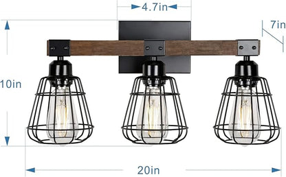 Farmhouse Vanity Light for Bathroom,3-Light Rustic Wooden Industrial Wall Lighting Fixture Over Mirror,Modern Matte Black Metal Cage Wall Sconce for Hallway,Kitchen,Bedroom