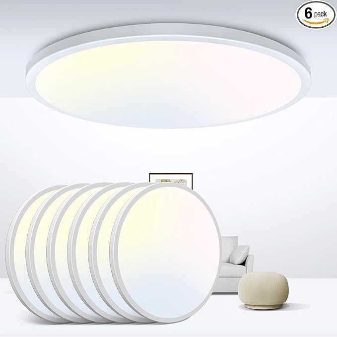 zemty Flush Mount Ceiling Light 9Inch 24W 2400LM Flat Led Lighting Fixture for Ceiling - 3000K 4500K 6000K Selectable - Super Thin & Low-Profile Round Lamp for Bedroom Kitchen Bathroom Garage, 6PACK
