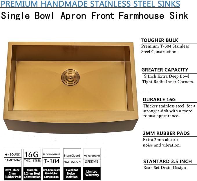 SHACO Gold Farmhouse Sink, 33 Inch Gold Stainless Steel Single Bowl Apron Front Undermount Farm Kitchen Sink with Accessories