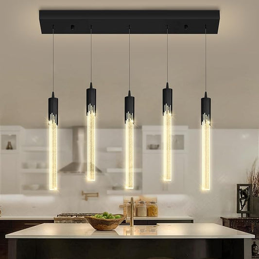 Flashing God 5-Lights Rectangular Pendant Lights for Kitchen Island Black Linear Crystal Chandelier Modern Chandeliers for Kitchen Island Dining Room