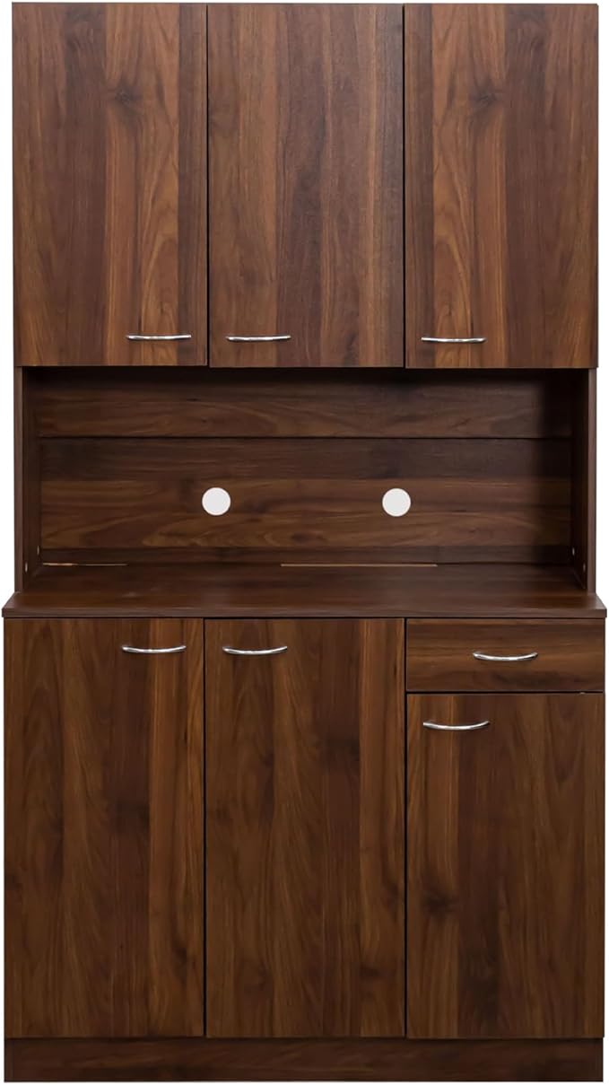 71" Kitchen Pantry Cabinets with Microwave Stand, 6 Doors & 3 Adjustable Shelves, Freestanding China Cabinet Hutch, Buffet Cabinet with Storage, WalnutV2
