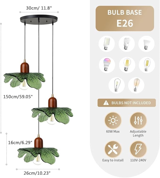 Art Deco Chandelier 3-Light Green Glass Pendant with Walnut Wood Base, Black Vintage Design, Adjustable Height Hanging Lamp for Dining Table, Living Room, Mid Century Inspired Lighting