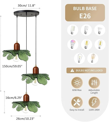 Art Deco Chandelier 3-Light Green Glass Pendant with Walnut Wood Base, Black Vintage Design, Adjustable Height Hanging Lamp for Dining Table, Living Room, Mid Century Inspired Lighting