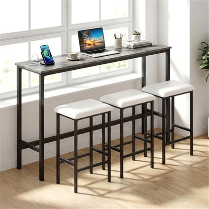 4 Piece Counter Height Bar Table Set with Charging Station & USB Ports, Gray Pub Table with 3 Stools, Space-Saving Kitchen Bar Set, Apartment Dining Furniture Set, Kitchen Bar Table