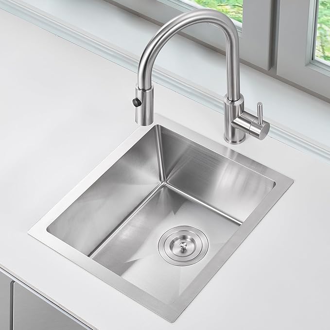 POPFLY 15x17 Inch Undermount Sink, 18 Gauge 304 Stainless Steel Single Bowl Kitchen Bar Prep Sink Handmade Small 6 Inches Deep, Brushed Sinks