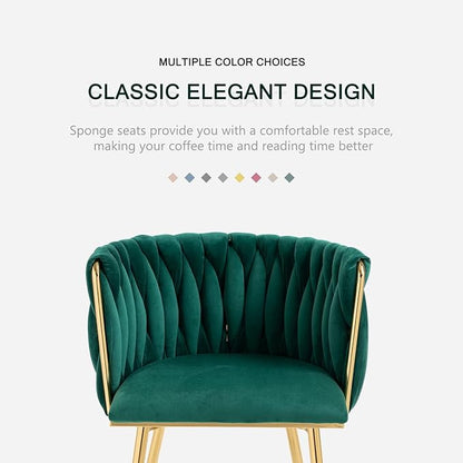 Nrizc Woven Dining Chairs Set of 2, Velvet Upholstered Dining Chairs with Gold Metal Legs, Modern Accent Chairs for Living Room, Dining Room, Kitchen (Green)