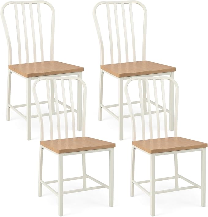 Giantex Dining Chairs Set of 4, Farmhouse Kitchen Chairs with Slat Back, Solid Metal Frame, Dining Side Chairs w/Extra Wide Wooden Seat 18" x 17"(L x W), Heavy Duty Armless Dining Room Chairs, Beige