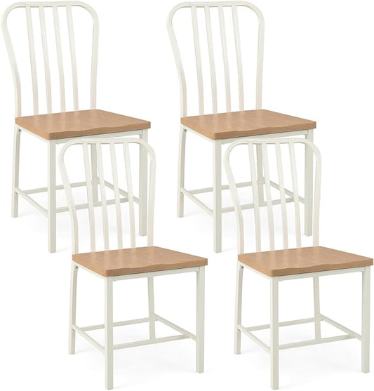 Giantex Dining Chairs Set of 4, Farmhouse Kitchen Chairs with Slat Back, Solid Metal Frame, Dining Side Chairs w/Extra Wide Wooden Seat 18" x 17"(L x W), Heavy Duty Armless Dining Room Chairs, Beige