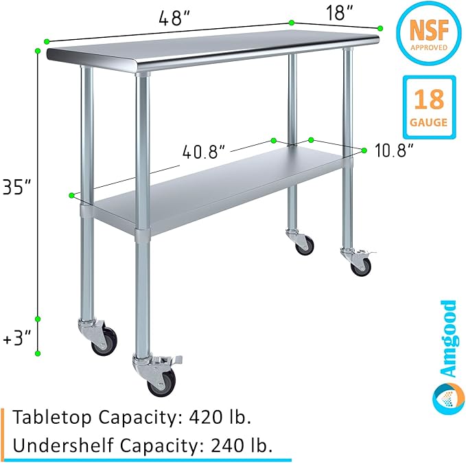 Stainless Steel Work Table with Wheels | NSF Kitchen Island Food Prep | Laundry Garage Utility Bench (Table + Wheels, 48" Long x 18" Deep)