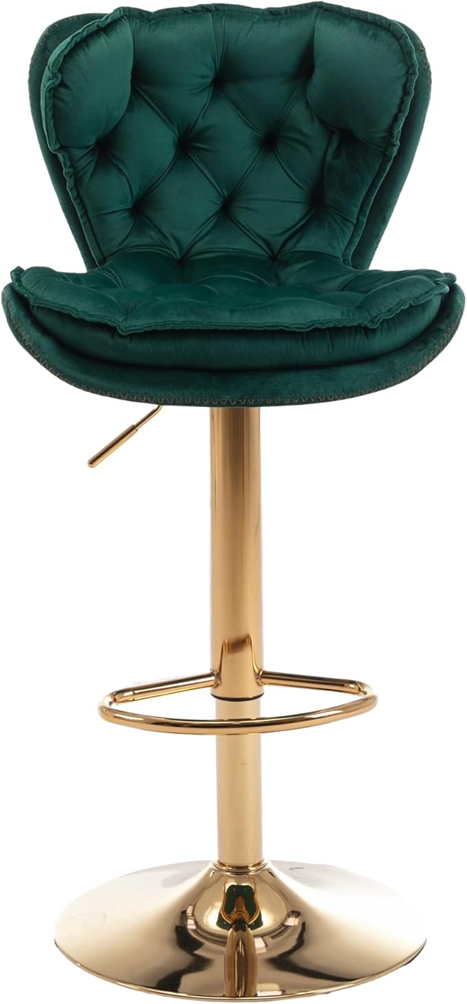 Rhomtree 24-33 Inch Swivel Bar Stools, Adjustable Counter Height Barstools, Velvet Back and Golden Footrest, Bar Chairs for Kitchen Island, Cafe, Bar, Bar Counter, Dining Room, Coffee(Green Set of 8)