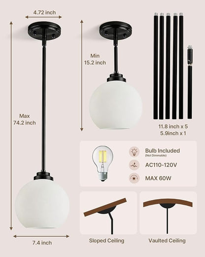 Majade Globe Pendant Lights Kitchen Island Pendant Light Fixtures 7.4 Inch Black Mid Century Modern Globe Pendant Lighting with Milk Glass Adjustable Hanging Light Fixtures for Dining Room(2 Pack)