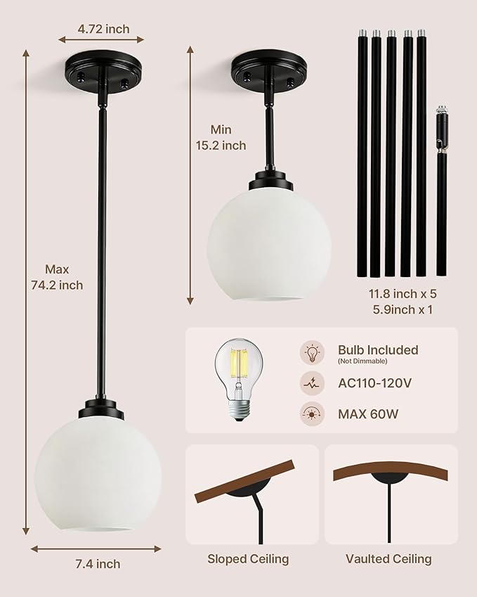 Majade Globe Pendant Lights Kitchen Island Pendant Light Fixtures 7.4 Inch Black Mid Century Modern Globe Pendant Lighting with Milk Glass Adjustable Hanging Light Fixtures for Dining Room living room
