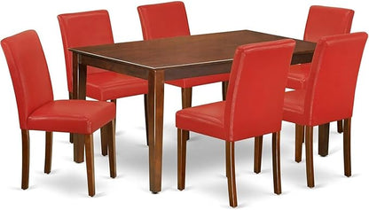 HomeStock 7 Piece Kitchen Table & Chairs Set Consist of a Rectangle Dining Room Table and 6 FireBrick Red Faux Leather Upholstered Chairs, 36x60 Inch, Mahogany