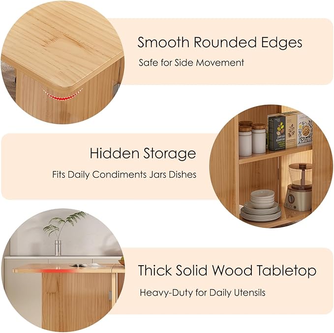 Kavie Solid Wood Folding Dining Table with Wheels, Expandable Mobile Kitchen Island with Storage Shelf, Space Saving Table for Apartment Living Room (Natural,31.5" L*19.6" W*29.5" H)