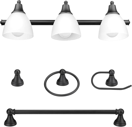 Globe Electric 51227 Jayden 5-Piece All-In-One Bathroom Set, Oil Rubbed Bronze, 3-Light Vanity Light with Frosted Glass Shades, Towel Bar, Toilet Paper Holder, Towel Ring, Robe Hook, Bulb Not Included