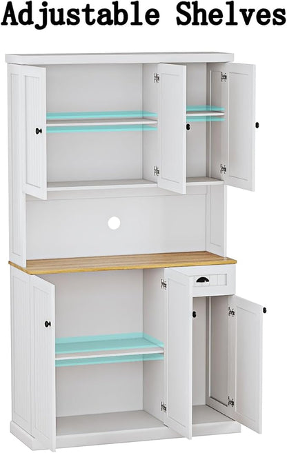 RASOO Buffet Hutch Cabinet Kitchen Sideboard Pantry Cabinet Wood Kitchenware Server Kitchen Storage Microwave Cabinet with 3 Doors Upstairs and 3 Doors downstairs and 1 Drawer, White (R0086)