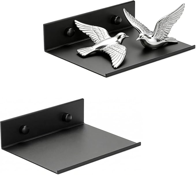 Z metnal 2 Pack 6 Inch Metal Floating Shelves with Safety Lip, Small Wall Mounted Shelf Holds Up to 5 Lbs, Matte Black Lightweight Display Ledge with Hidden Screw Caps for Bathroom, Bedroom