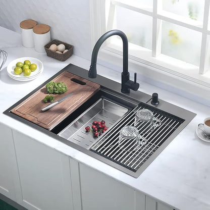 33 Inch Black Kitchen Sink Drop In Workstation-Hovheir 33x22 Drop In Top Mount Kitchen Sinks Black Stainless Sink 16 Gauge Stainless Steel Deep Single Bowl Workstation Sinks with Cutting Board
