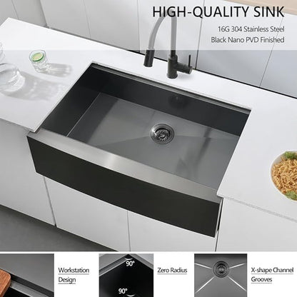 33 Black Farmhouse Sink Unsermount, Dorzom 33x22x10 Inches Farmhouse Kitchen Sink Black Stainless Steel Apron Front Sink with Workstation Ledge Under Mount 16 Gauge Single Bowl Kitchen Sink
