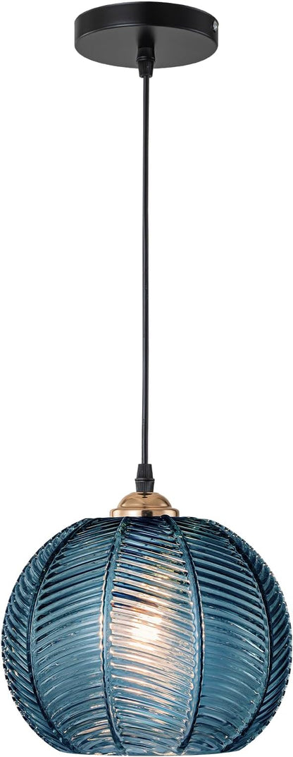 Dark Blue Striped Glass Pendant Light Adjustable Hanging Light Vintage Industrial Ceiling Hanging Fixture for Kitchen Island, Dining Room, Bar, Entryway