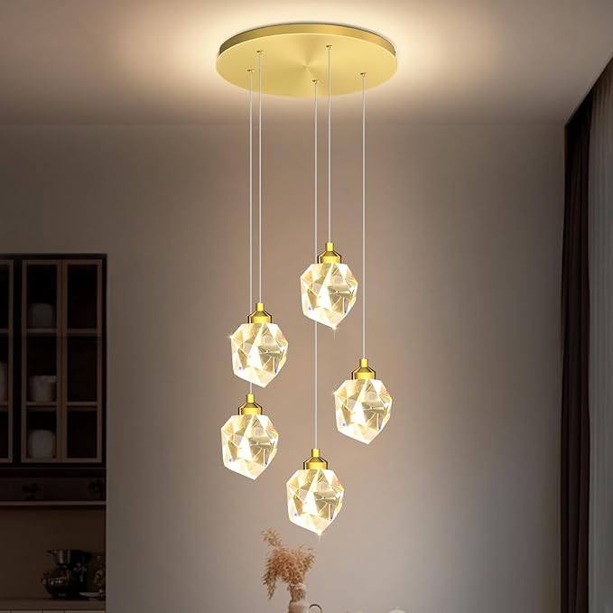 5-Light Gold Crystal Drop Pendant Light, Kitchen Island Hanging Light Fixtures, Modern Solid Clear Crystal Chandelier for Dining Room Living Room Foyer