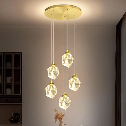 5-Light Gold Crystal Drop Pendant Light, Kitchen Island Hanging Light Fixtures, Modern Solid Clear Crystal Chandelier for Dining Room Living Room Foyer