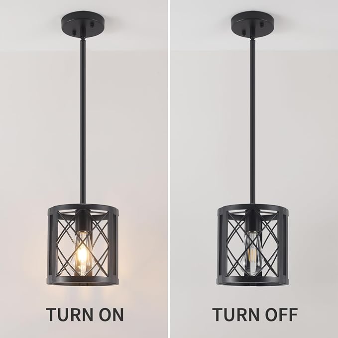 Farmhouse Pendant Light for Kitchen Island - Industrial Metal Lantern Black Pendant Lighting Single Hanging Light Fixture with 49.2" Adjustable Rods for Dining Room, Over The Sink, Hallway