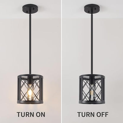 Farmhouse Pendant Light for Kitchen Island - Industrial Metal Lantern Black Pendant Lighting Single Hanging Light Fixture with 49.2" Adjustable Rods for Dining Room, Over The Sink, Hallway