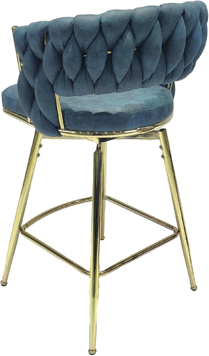 26" Bar Chair Suede Woven Bar Stool Set of 2,Golden Legs Bar stools No Adjustable Kitchen Island Chairs,360 Swivel Bar Stools Upholstered Bar Chair Counter Stool Arm Chairs with Back Footrest (Blue)