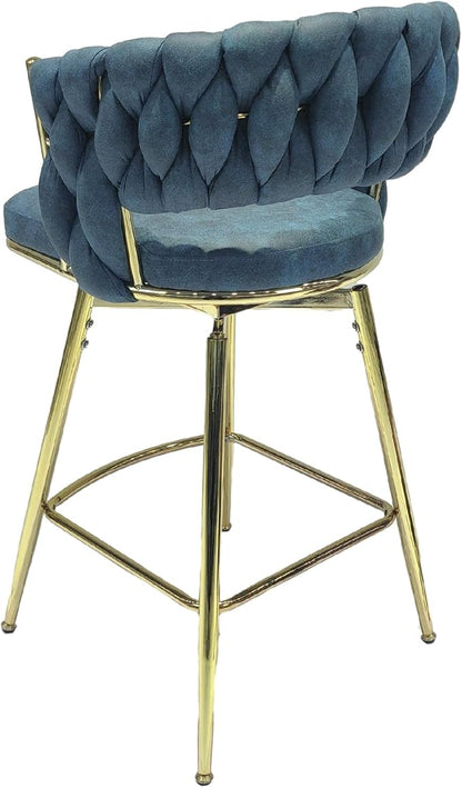26" Bar Chair Suede Woven Bar Stool Set of 2,Golden Legs Bar stools No Adjustable Kitchen Island Chairs,360 Swivel Bar Stools Upholstered Bar Chair Counter Stool Arm Chairs with Back Footrest (Blue)