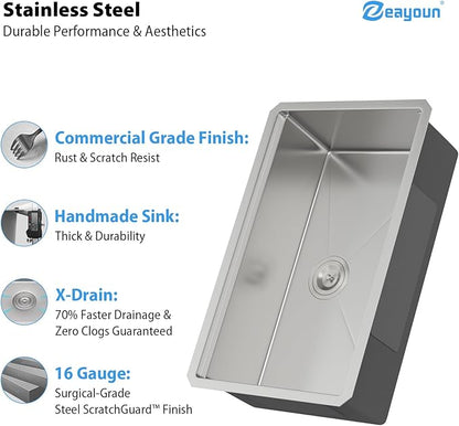 28 x 19 Inch Undermount Kitchen Sink 18 Gauge Stainless Steel Handmade Workstation Sink Round Corners Single Bowl Large Deep Under Counter Kitchen Sinks Basin, 28"x19"x9"