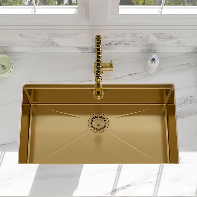 33x19 Undermount Gold Kitchen Sink - Beslend Stainless Steel Ledge Workstation Kitchen Sinks Gold Sink 16 Gauge Single Bowl Undermount Basin