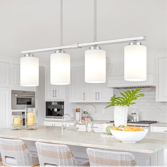 Brushed Nickel Island Lights for Kitchen, 4-Light Dining Room Light Fixtures Modern Linear Chandeliers Over Table White Frosted Glass Adjustable Hanging Lights Kitchen Pendant Lighting Over Island
