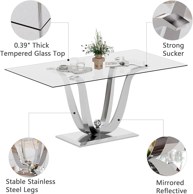 70" Glass Dining Table for 6-8, Modern Dining Room Table with 0.39" Tempered Glass Top and Dual U-Shaped Silver Stainless Steel Base, Rectangle Kitchen Dinner Table for Dining Room
