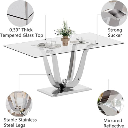 70" Glass Dining Table for 6-8, Modern Dining Room Table with 0.39" Tempered Glass Top and Dual U-Shaped Silver Stainless Steel Base, Rectangle Kitchen Dinner Table for Dining Room