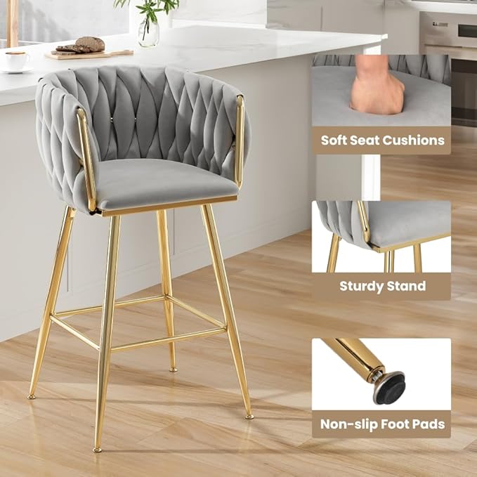 Counter Height Bar Stools with Back Support and Metal Legs for Kitchen Islands and Dining Areas