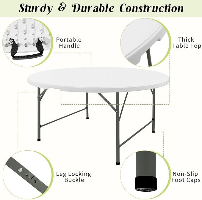 Fivenl 4 FT Round Folding Tables White Foldable Table, Fold-in-Half with Carrying Handle Portable Plastic Table for Party, Dining, Wedding, Camping, Picnic, Indoor Outdoor Events