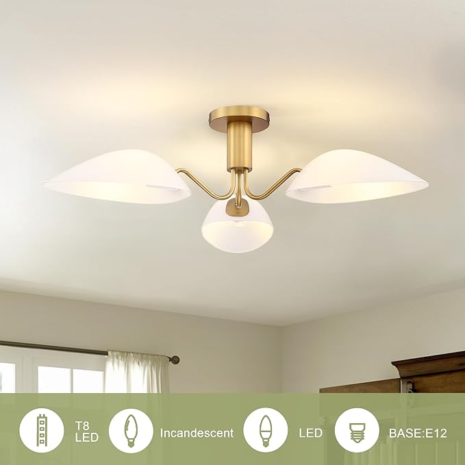 MEXO Modern Gold 3-Light Ceiling Light with Opal White Glass Shade Semi Flush Mount Ceiling Light for Living Room Hallway Sputnik Chandelier Lighting Fixture