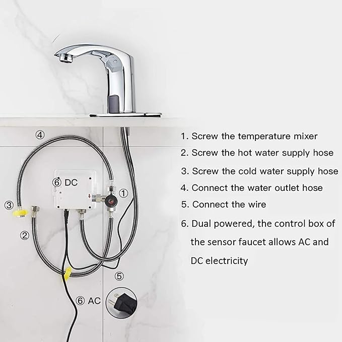 Automatic Bathroom Sink Faucet with Hole Cover Plate Sensor Touchless Dual-Powered Chrome Vanity Faucets Hands Free Motion Sensor Bathroom Water Tap with Control Box and Temperature Mixer