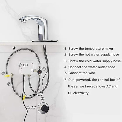 Automatic Bathroom Sink Faucet with Hole Cover Plate Sensor Touchless Dual-Powered Chrome Vanity Faucets Hands Free Motion Sensor Bathroom Water Tap with Control Box and Temperature Mixer
