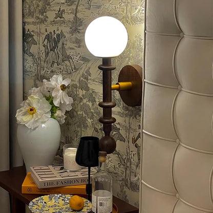 Vintage Wood Wall Sconce Globe Glass Wall Lamp with Pull Chain Switch, Farmhouse Bedside Aisle Deco Lighting Fixture Retro Modern Wooden Wall Light for Living Room Hallway Stairs, E27